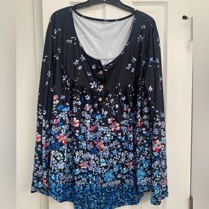 Blue Long Sleeve Buttoned Blouse 3XL